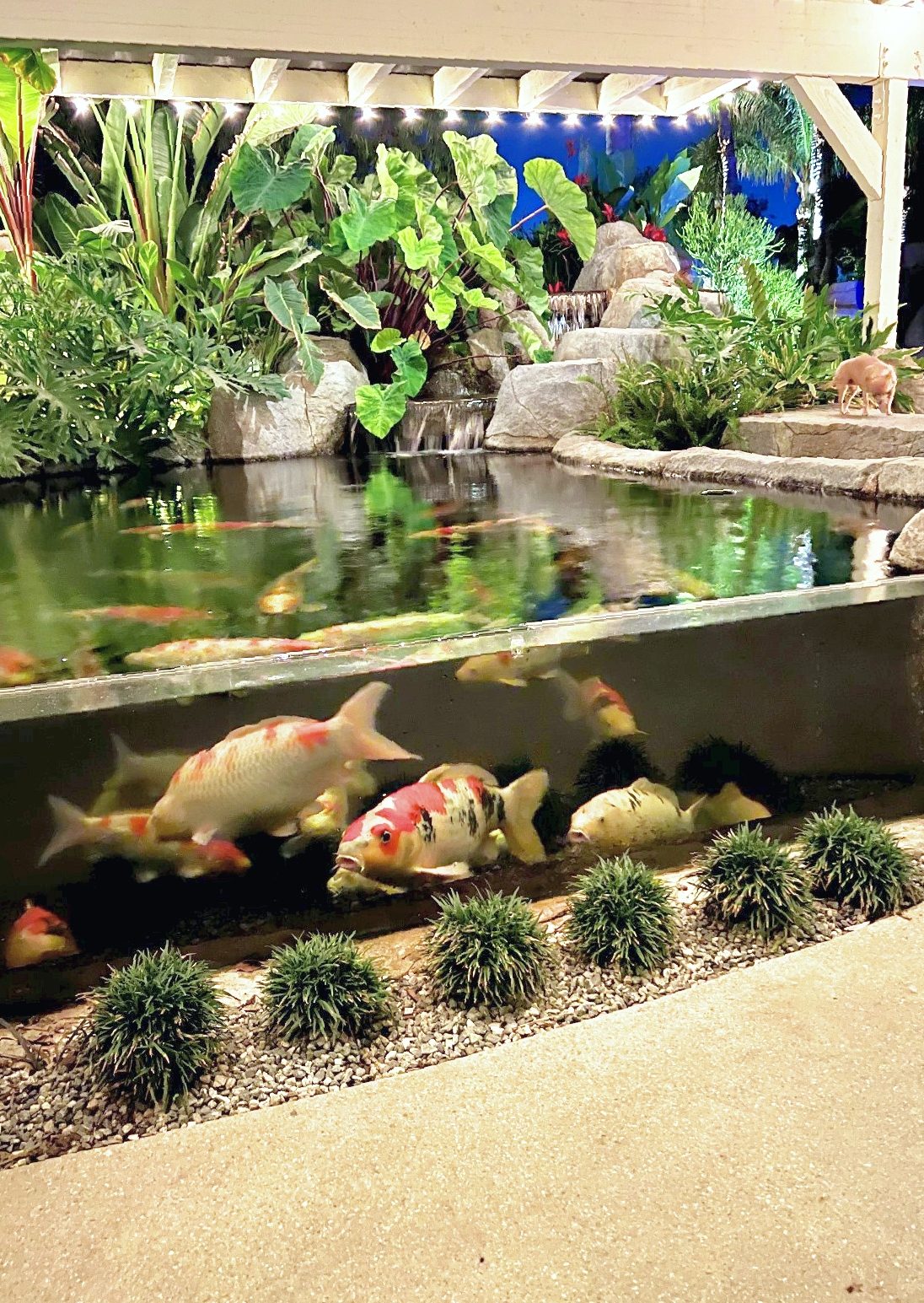 Courtyard koi pond with stone pillar and planted edges