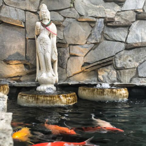 Stone statue on a bubbling basin above koi in a stone-walled channel
