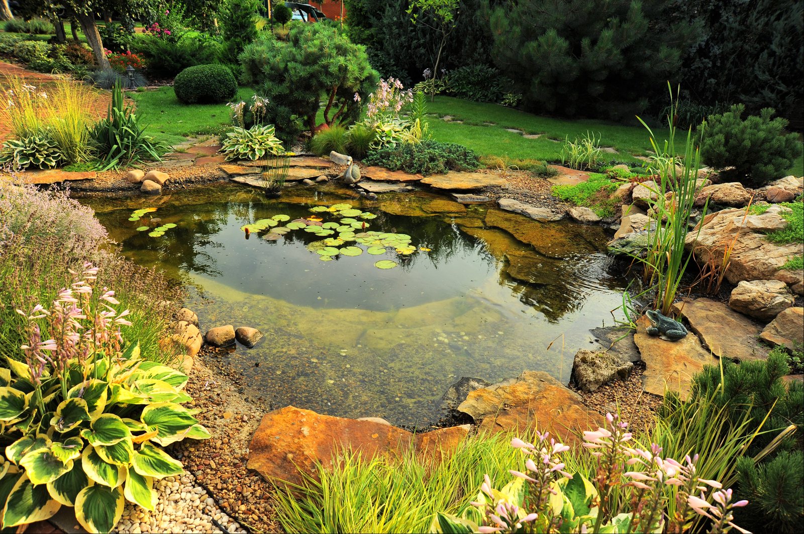 Water garden with lily pads, flagstone edging and perennial borders
