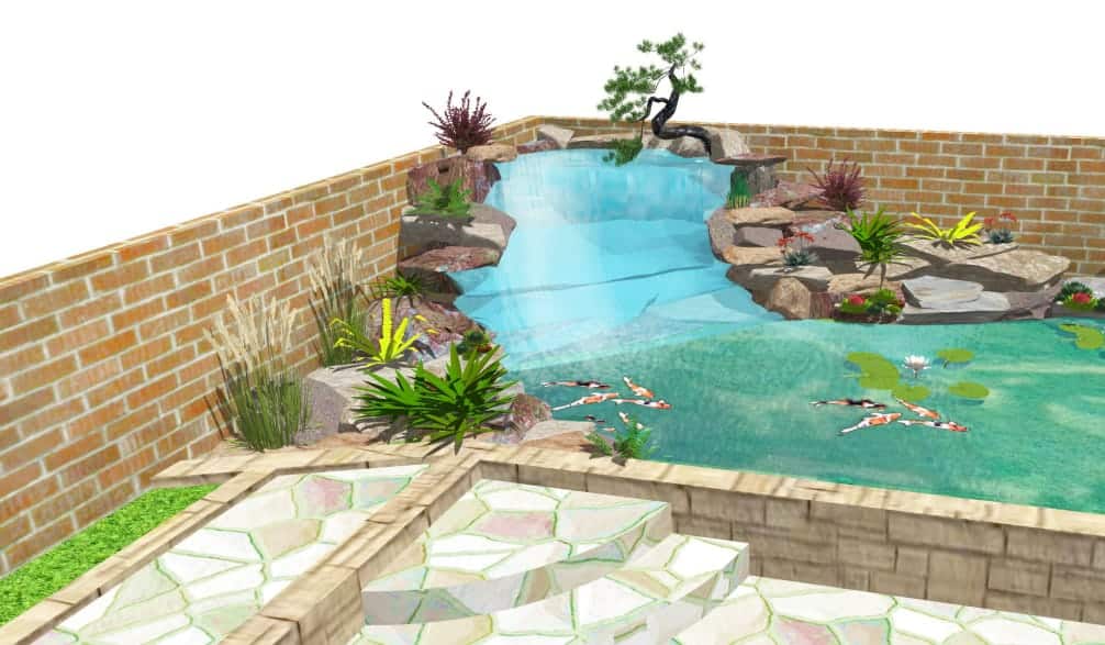 hand drawn koi pond with brick retaining wall and 3 steps