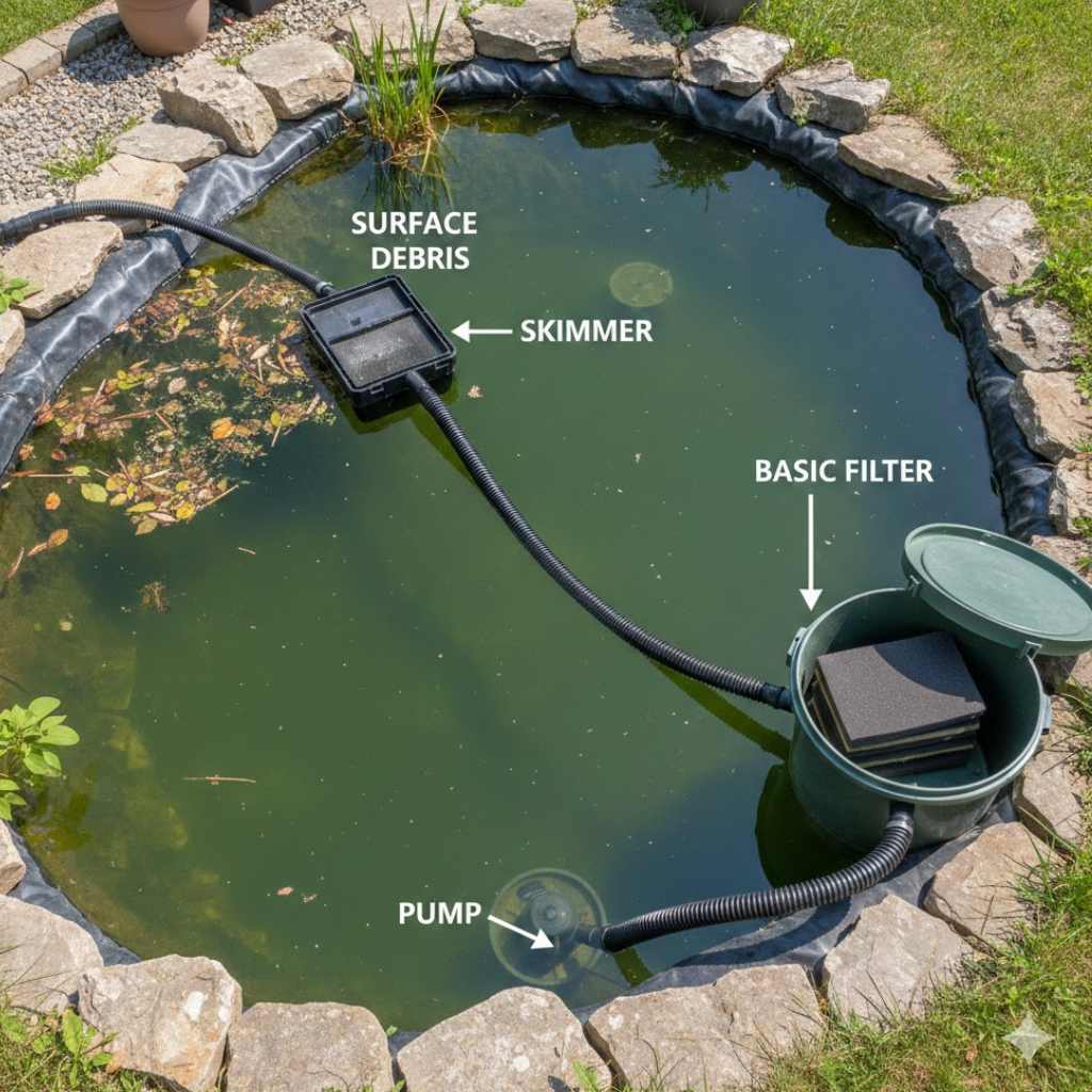Diagram showing common DIY pond maintenance tasks such as skimmer cleaning and basic pump checks