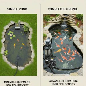 Side by side comparison of a simple DIY pond system and a complex professionally maintained koi pond