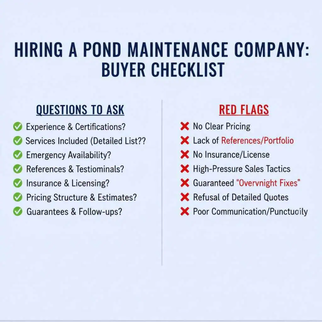 Checklist of questions to ask and red flags when hiring a pond maintenance company