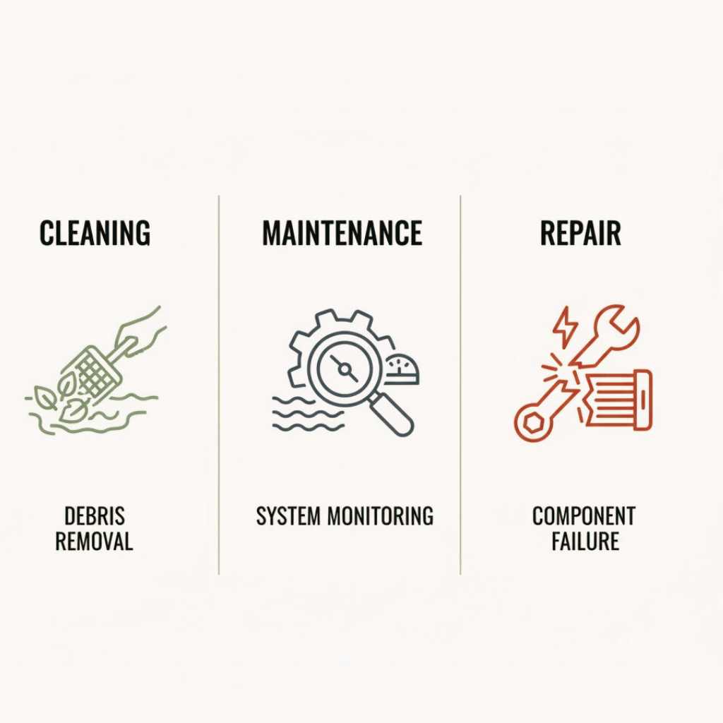 Comparison chart showing differences between pond cleaning, ongoing maintenance, and repair after system failure