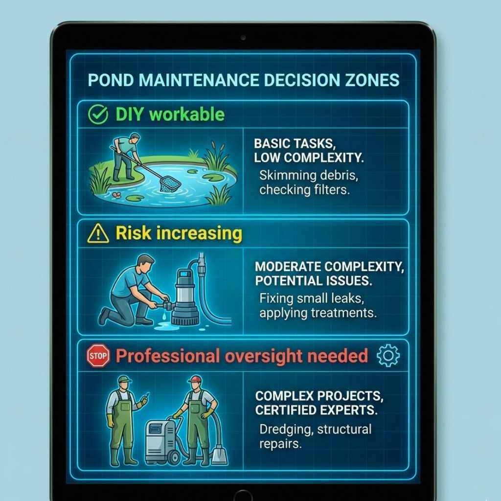 Visual framework showing when a pond is suitable for DIY care versus professional maintenance