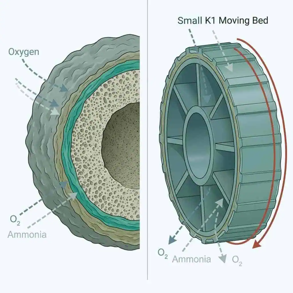 Diagram of biological filtration process with oxygen, ammonia, and small K1 moving bed.