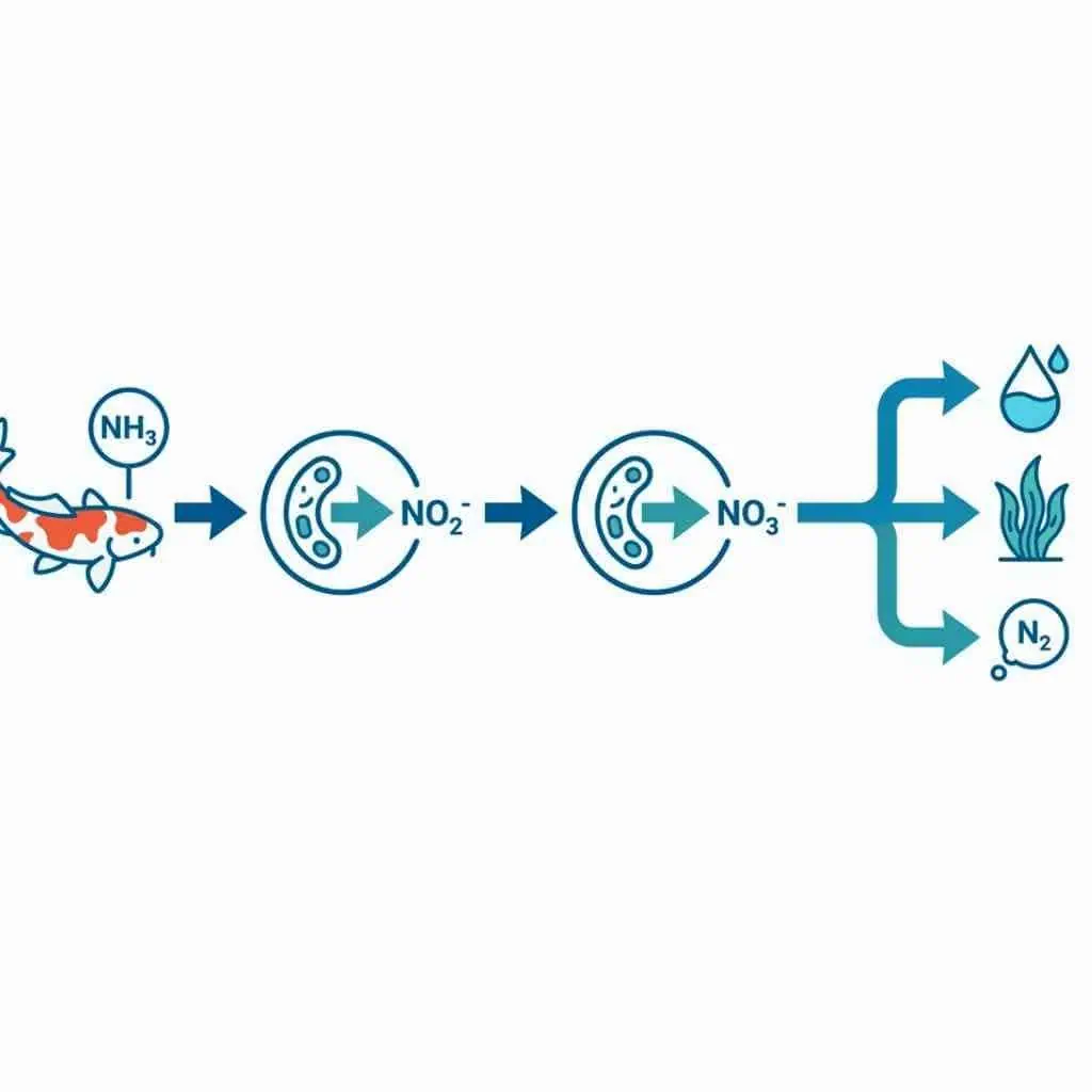 Diagram of biological filtration in koi ponds showing ammonia to nitrogen conversion.