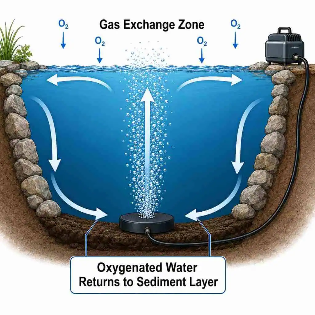 Diagram of pond aeration with oxygen exchange and sediment return.