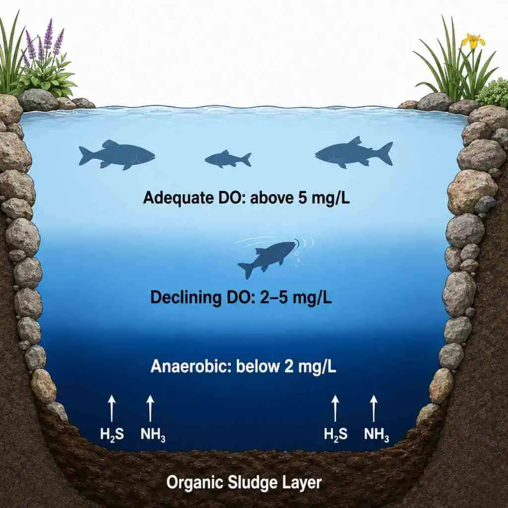 Koi pond water quality levels with oxygen and sludge details.