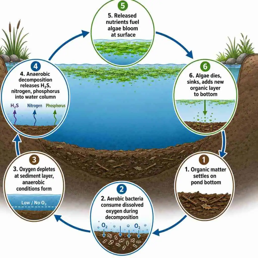 Diagram of pond sludge and muck removal cycle with algae and bacteria.