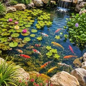 Colorful koi fish swimming in a pond with water lilies and rocks.