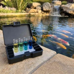 Liquid reagent test kit with colored water samples on flagstone edge of a residential koi pond with koi visible below the surface