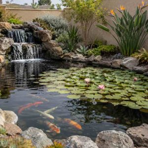 Residential koi pond with running waterfall, water lily coverage, and visible koi in clear water surrounded by Southern California landscaping
