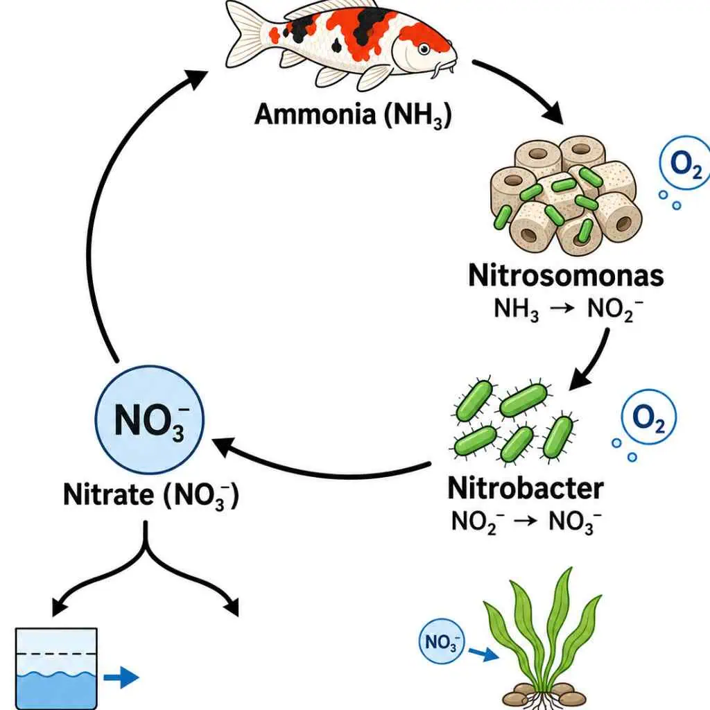 Diagram of water quality cycle in koi pond with bacteria and nitrogen compounds.