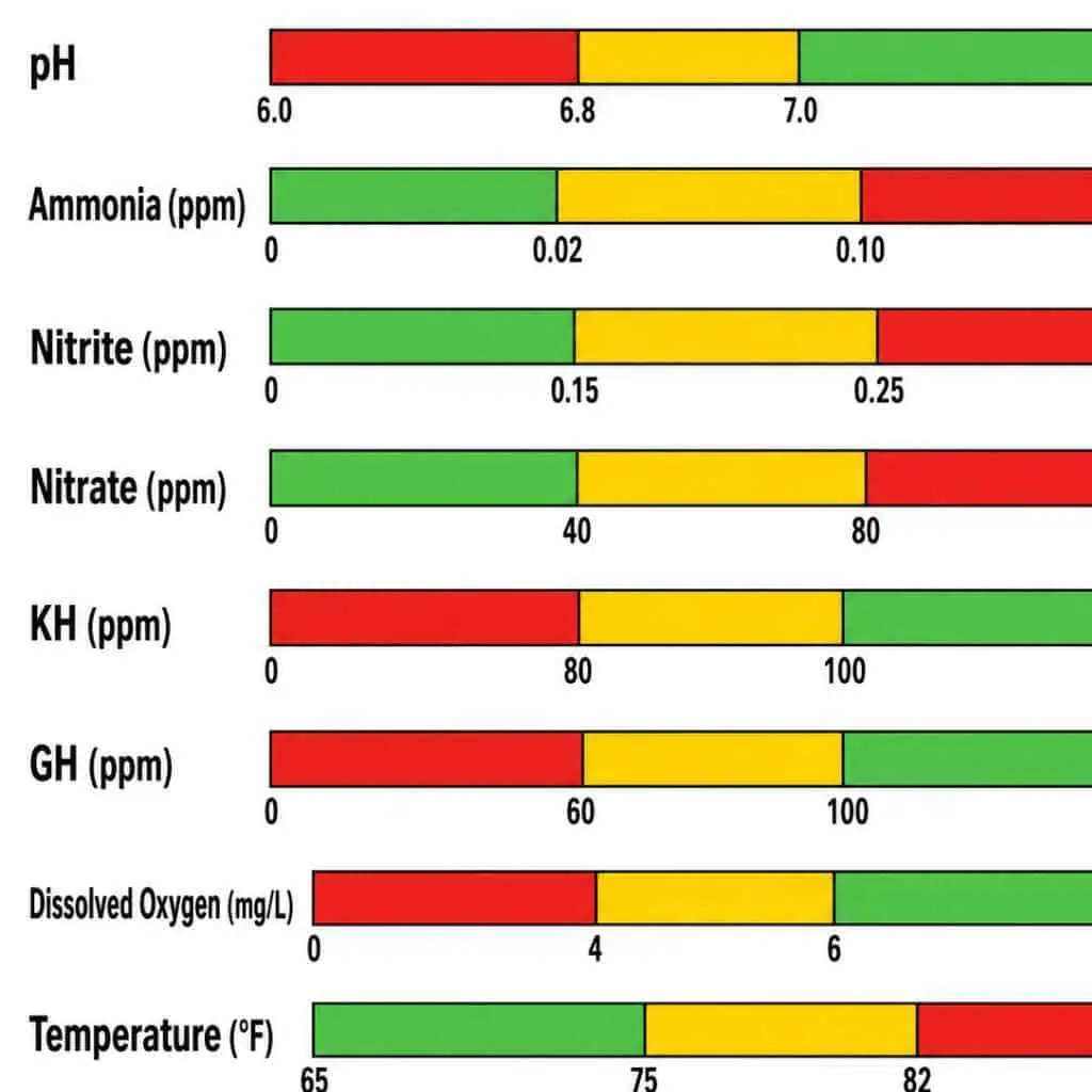 Pond water testing strips showing pH, ammonia, nitrite, nitrate, KH, GH, oxygen, and temperature.