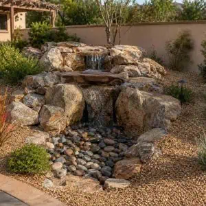 Decorative waterfall feature with rocks in a backyard pond setting.