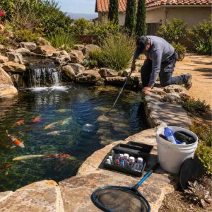 Residential koi pond with clear water, natural stone edging, and waterfall feature with maintenance tools on the coping in a Southern California backyard