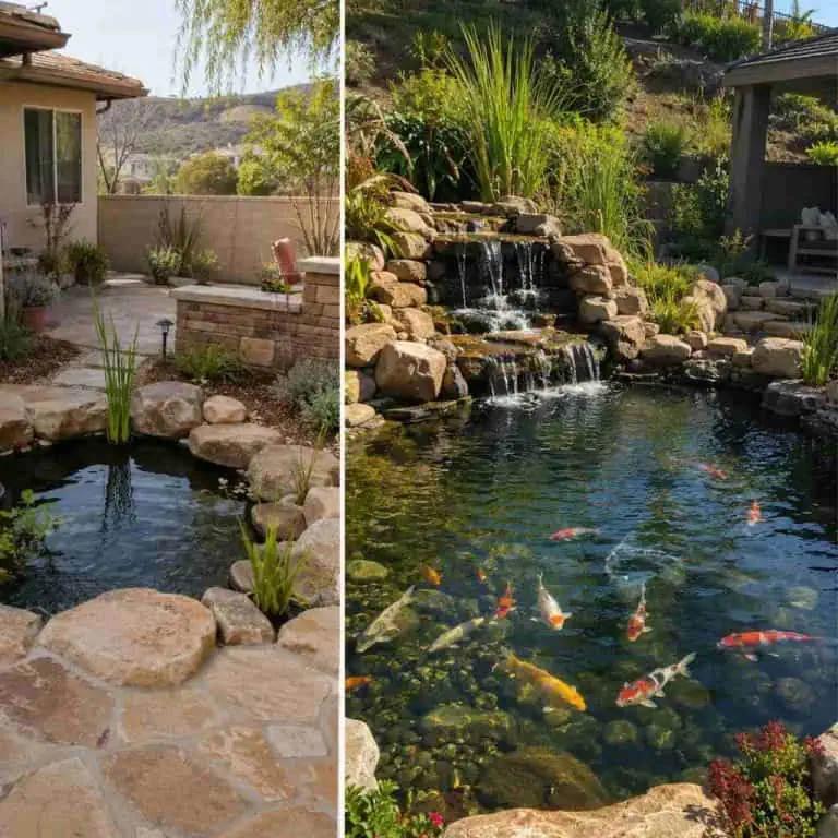 Koi pond with waterfall and lush landscaping in backyard setting.