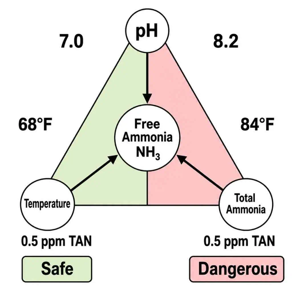 Water pH, ammonia, and temperature levels for pond health.