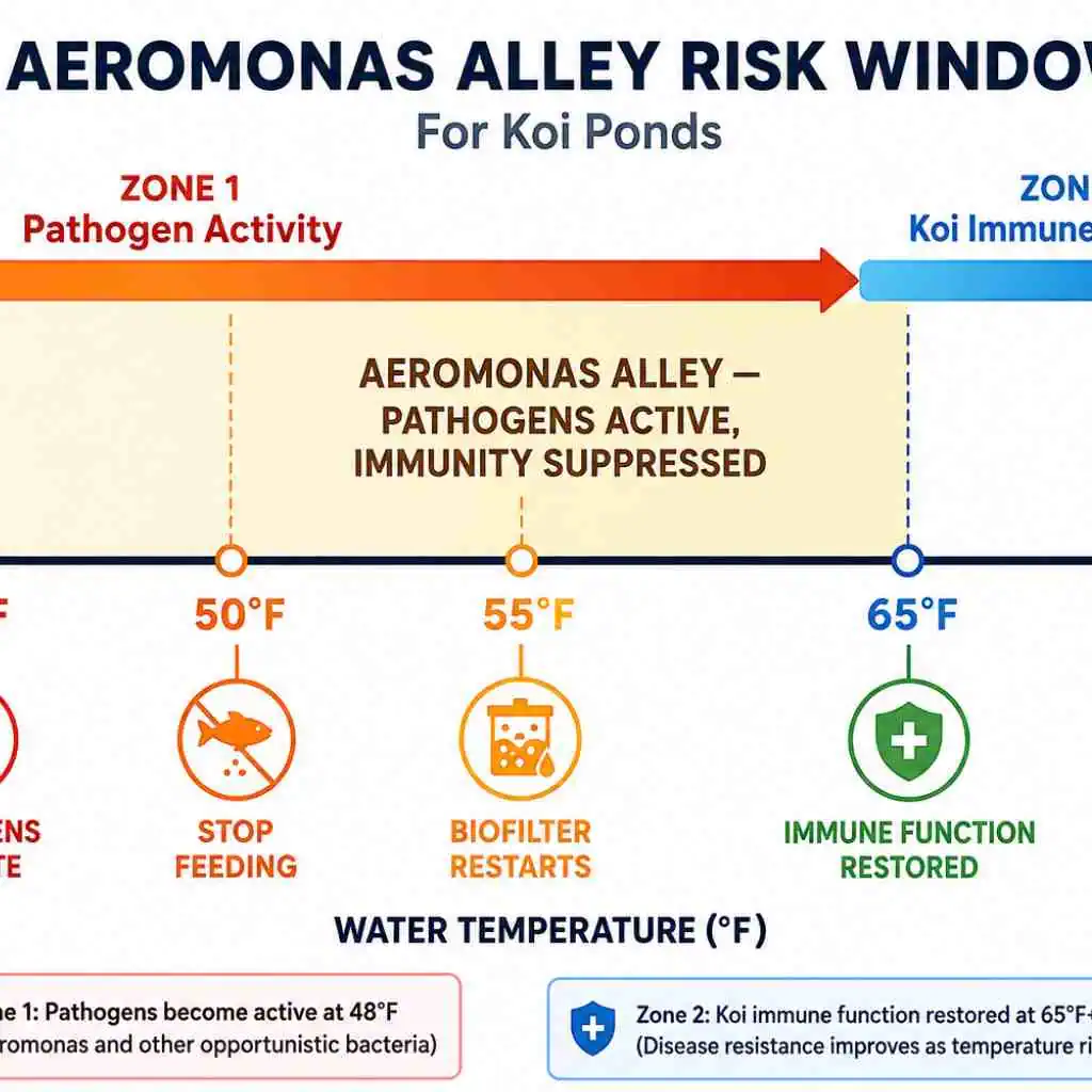 Diagram showing risk window for Aeromonas bacteria in koi ponds.