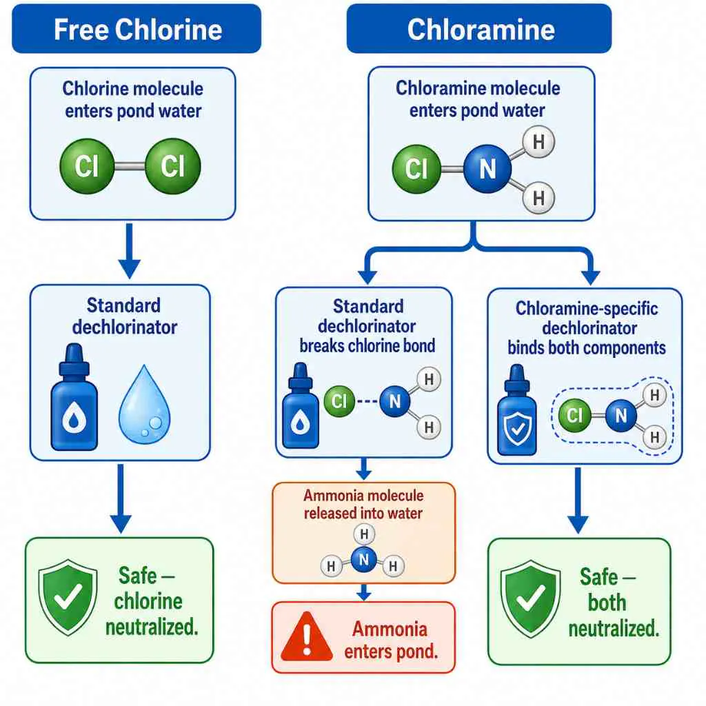 Diagram of chlorine and chloramine entering pond water with safety neutralization.