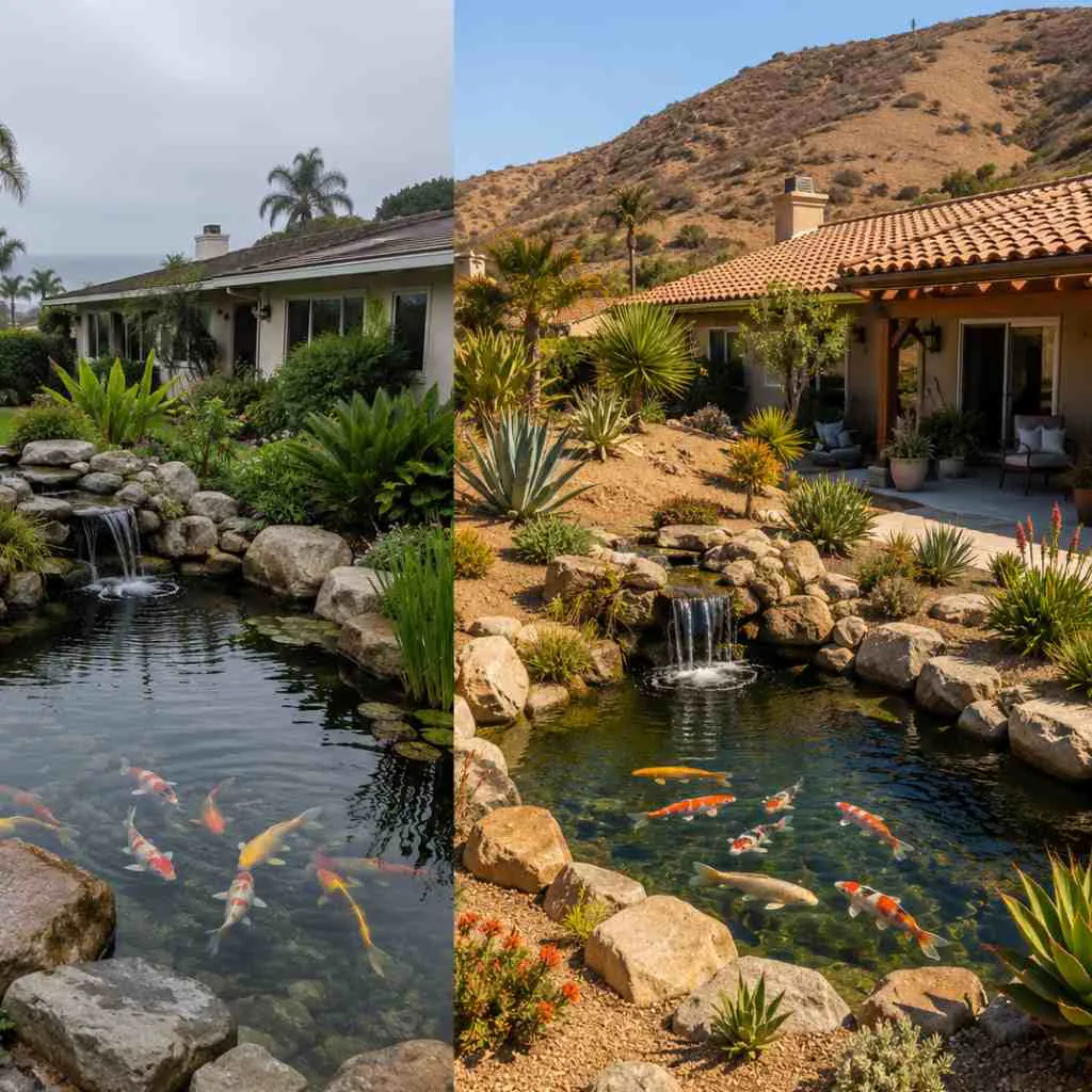 Koi pond with fish and landscaping in California garden setting.