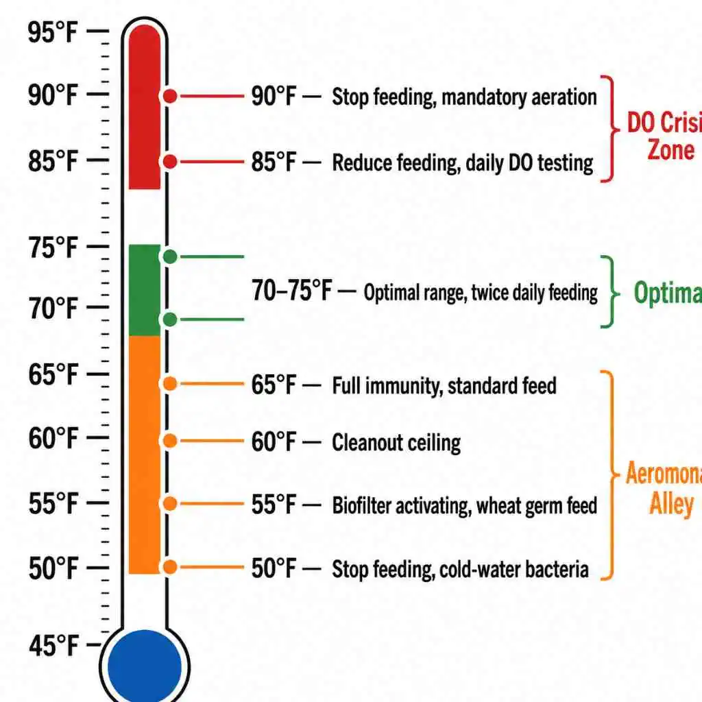 Aquarium water temperature zones for koi pond maintenance.