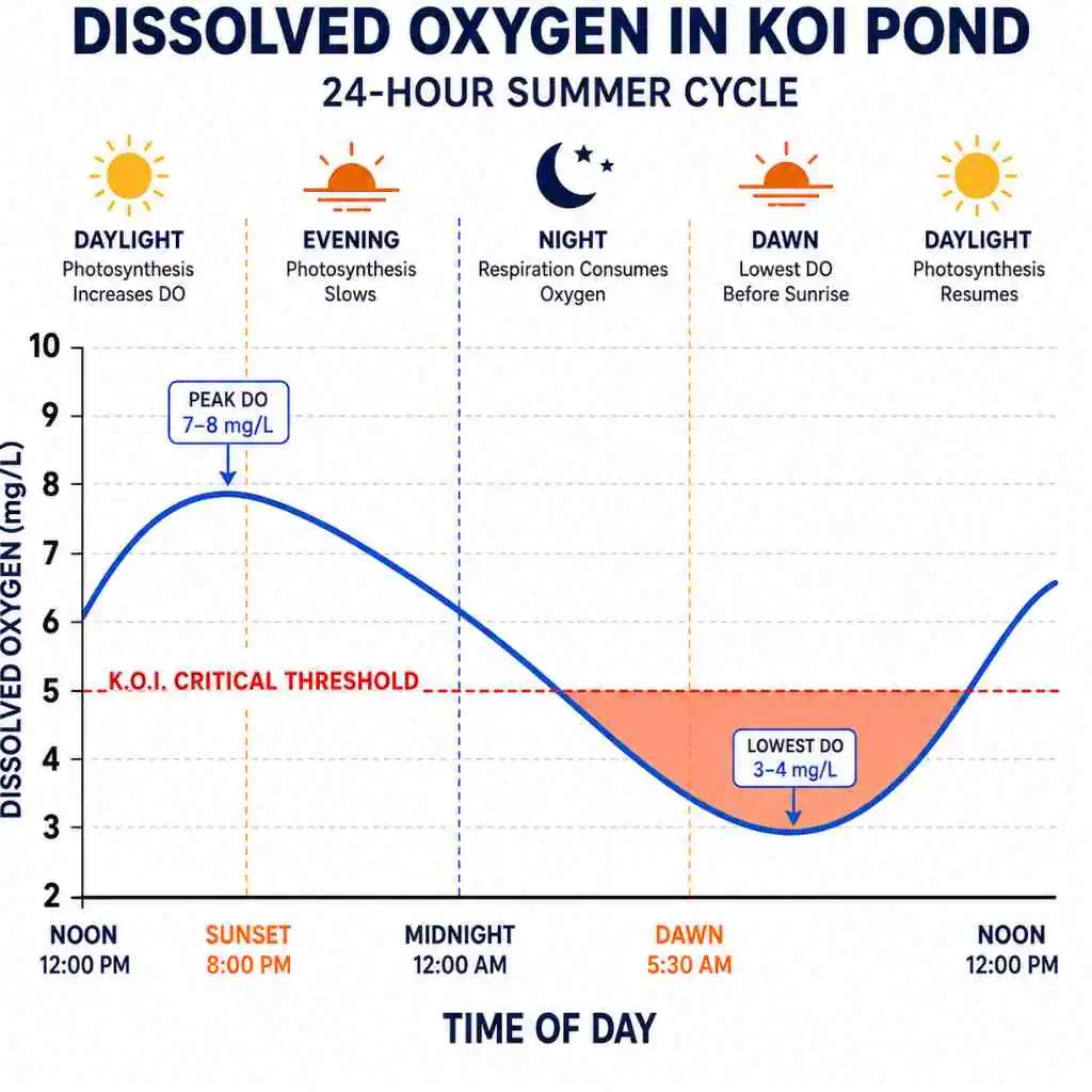 Koi pond dissolved oxygen levels throughout the day with peak and low points.