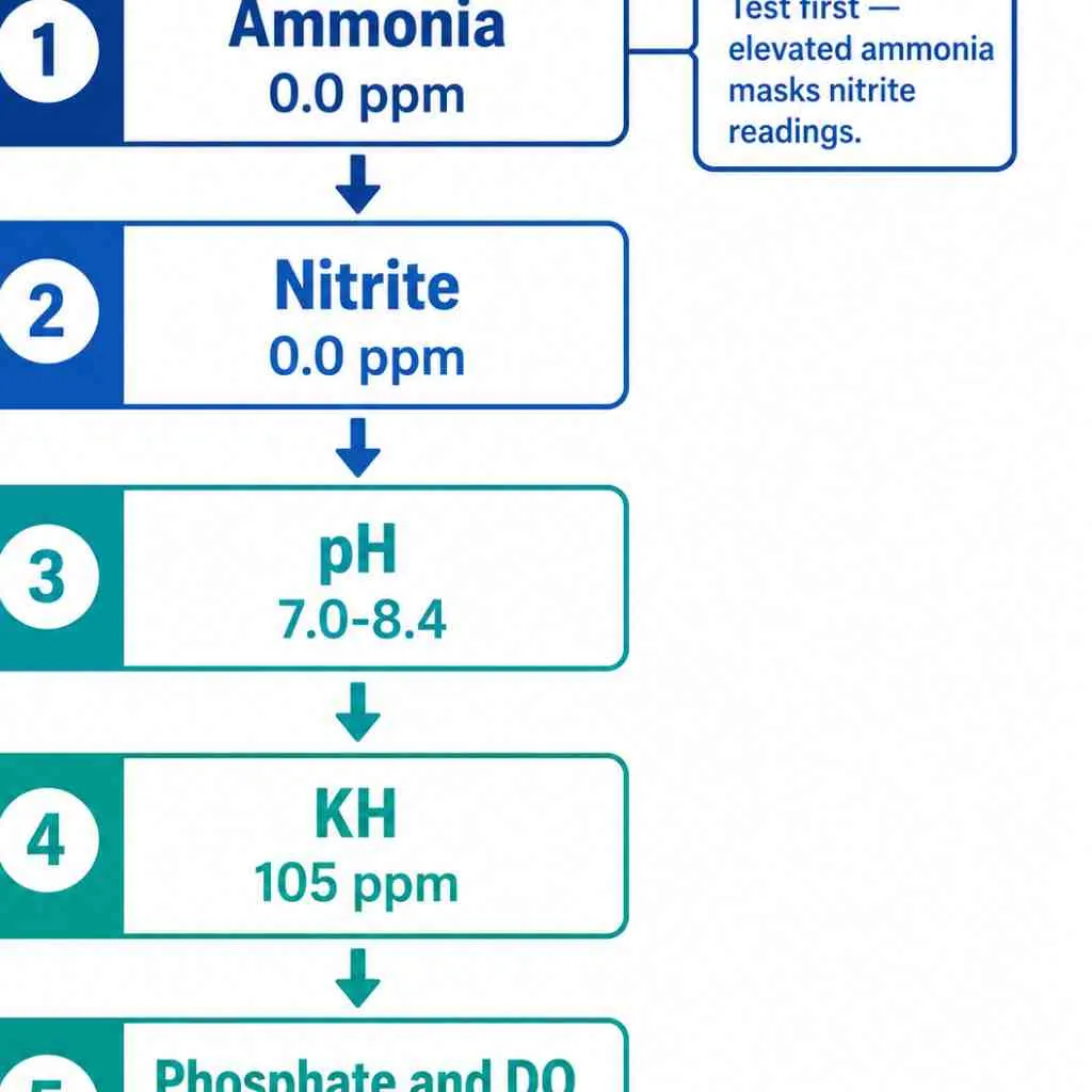 Pond water testing chart showing ammonia, nitrite, pH, KH, and phosphate levels.