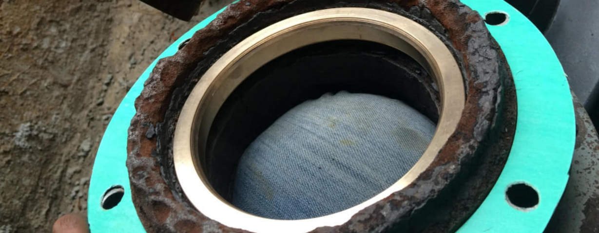 Worn pump seal and flange removed during a pump rebuild